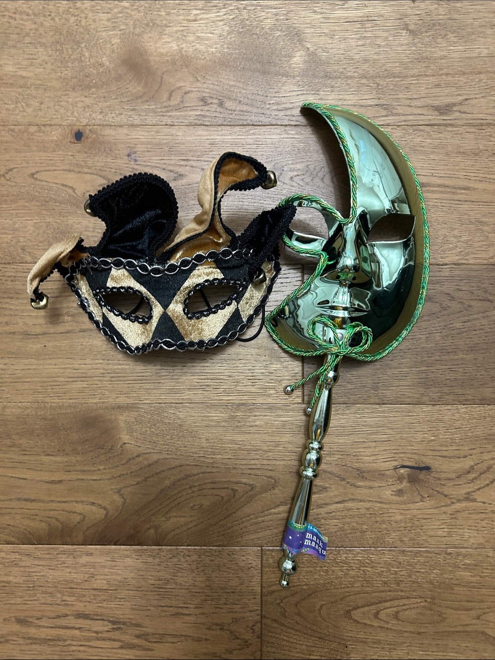 Green Crescent Moon Handheld Mask with Black and Gold Jester Eye Mask